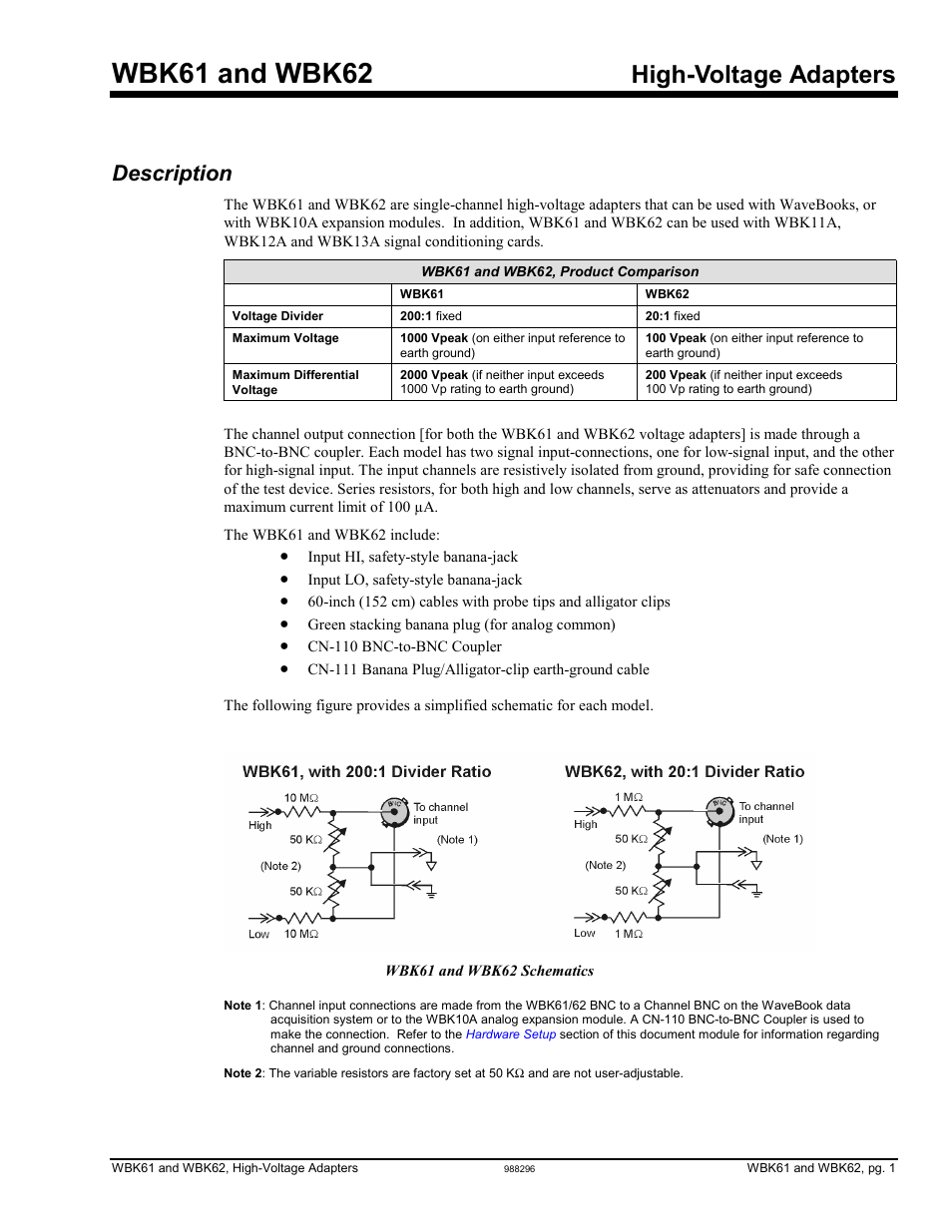 Wbk61 and wbk62 - high-voltage adapters, Description, Wbk61 and wbk62 – high voltage adapters | Wbk61 and wbk62, High-voltage adapters | Measurement Computing WBK Options User Manual | Page 209 / 216