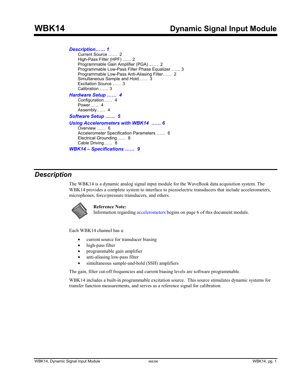 Wbk14 - dynamic signal input module, Description, Wbk14 – dynamic signal conditioning module | Wbk14, Dynamic signal input module | Measurement Computing WBK Options User Manual | Page 25 / 216