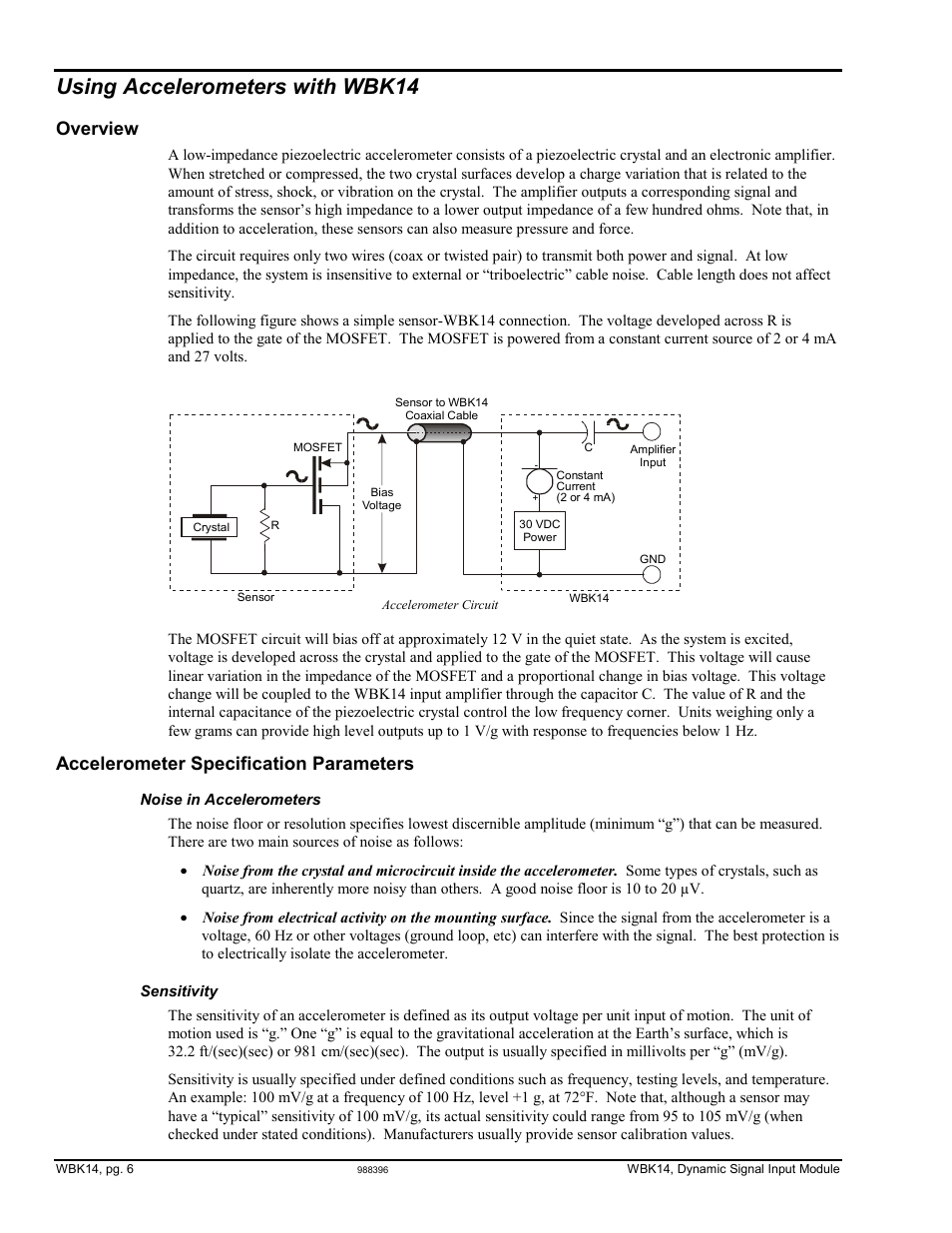 Using accelerometers with wbk14, Using accelerometers with wbk14 …… 6, Rding | Accelerometers, Overview, Accelerometer specification parameters | Measurement Computing WBK Options User Manual | Page 30 / 216