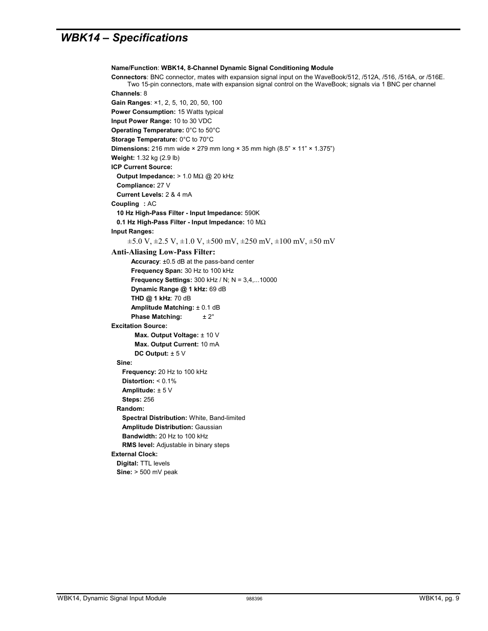 Wbk14 – specifications, Wbk14 – specifications …… 9 | Measurement Computing WBK Options User Manual | Page 33 / 216