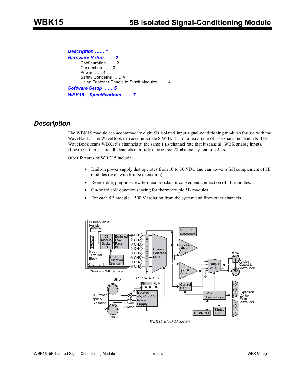 Wbk15 - 5b isolated signal-conditioning module, Description, Wbk15 – 5b isolated signal conditioning module | Wbk15, 5b isolated signal-conditioning module | Measurement Computing WBK Options User Manual | Page 34 / 216