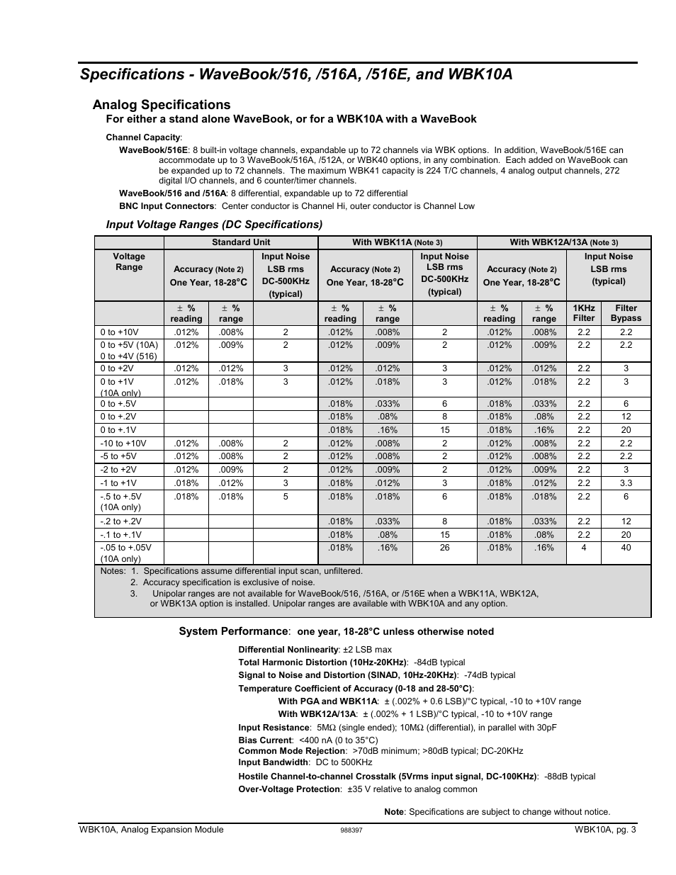 Analog specifications | Measurement Computing WBK10A User Manual | Page 3 / 6