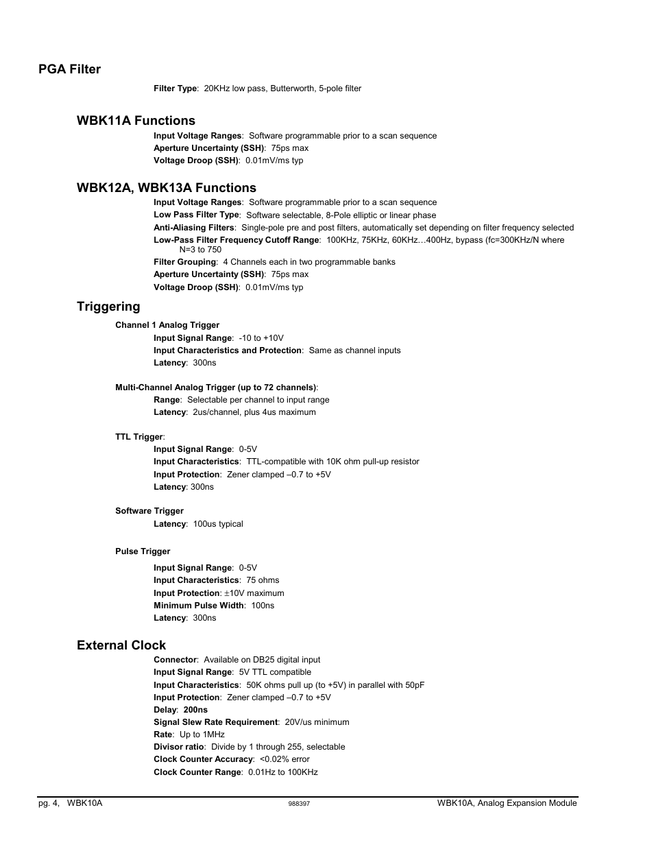 Pga filter, Wbk11a functions, Wbk12a, wbk13a functions | Triggering, External clock | Measurement Computing WBK10A User Manual | Page 4 / 6
