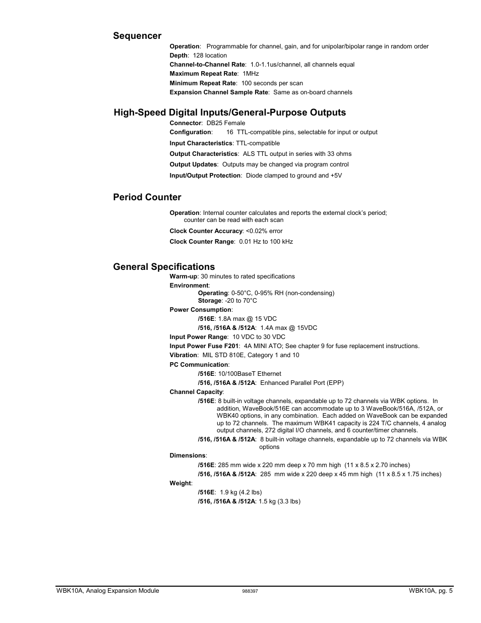 Sequencer, High-speed digital inputs/general-purpose outputs, Period counter | General specifications | Measurement Computing WBK10A User Manual | Page 5 / 6