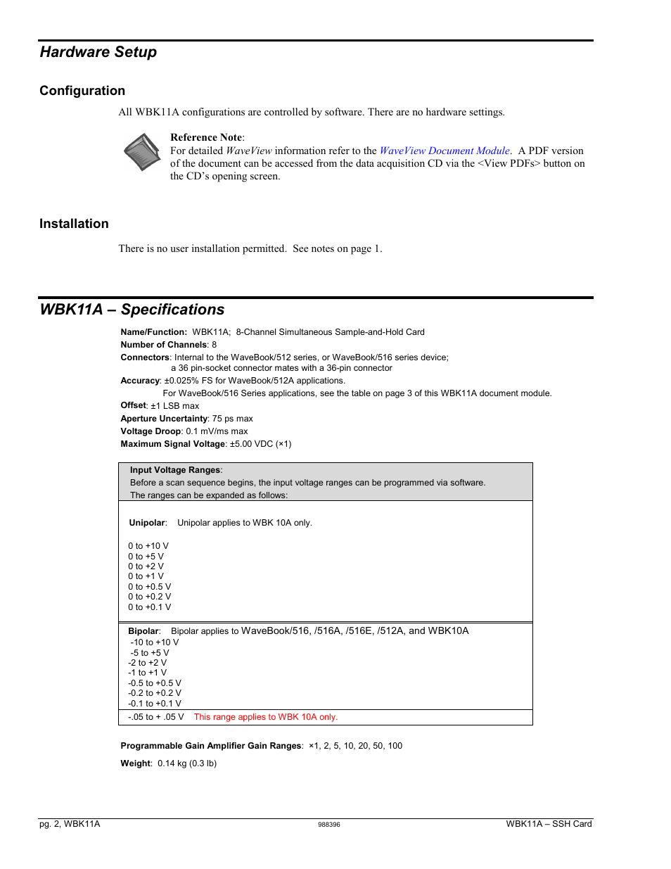 Hardware setup, Wbk11a – specifications, Configuration | Installation | Measurement Computing WBK11A User Manual | Page 2 / 4