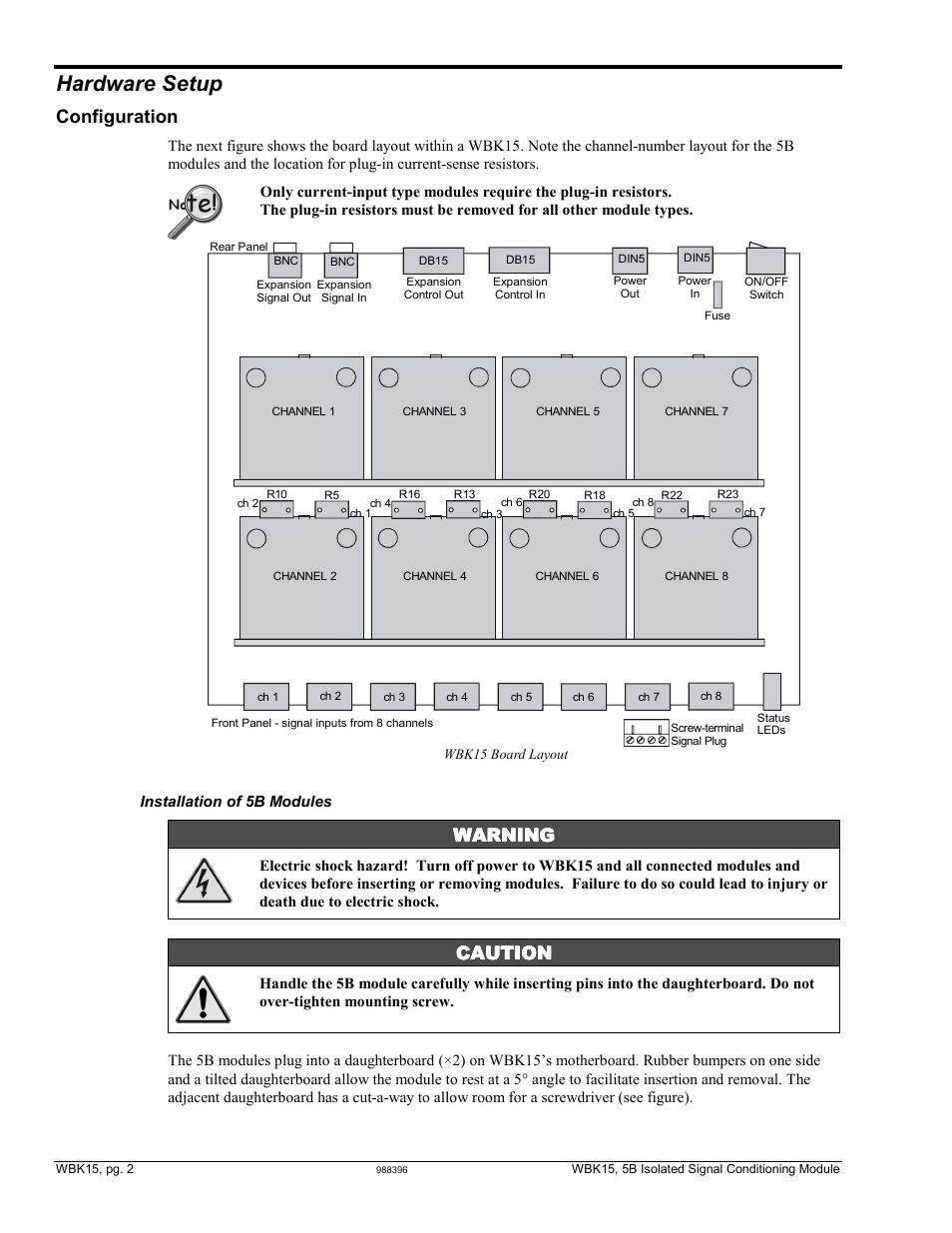 Hardware setup, Configuration, Warning | Caution | Measurement Computing WBK15 User Manual | Page 2 / 8
