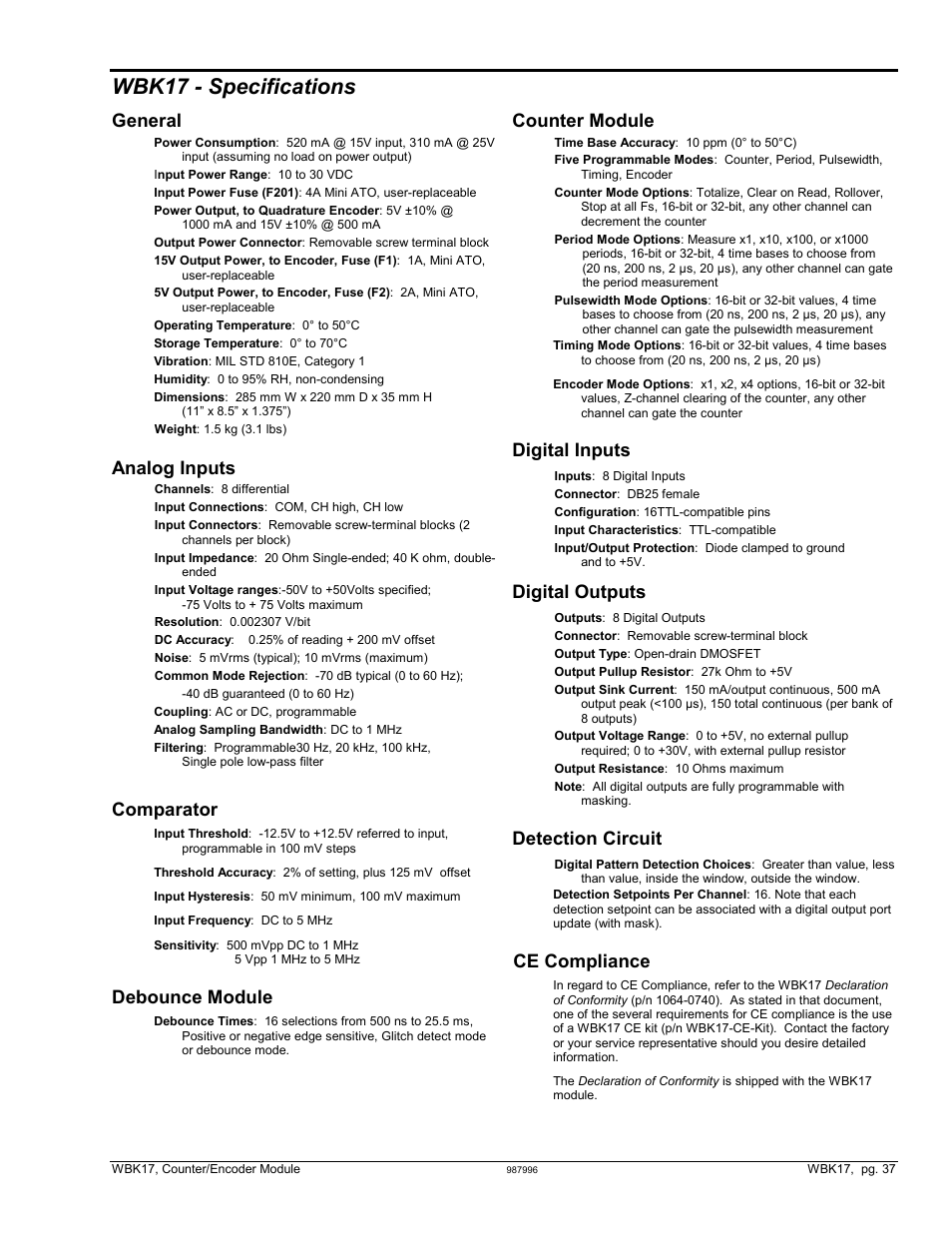 Wbk17 - specifications, General, Analog inputs | Comparator, Debounce module, Counter module, Digital inputs, Digital outputs, Detection circuit, Ce compliance | Measurement Computing WBK17 User Manual | Page 37 / 38