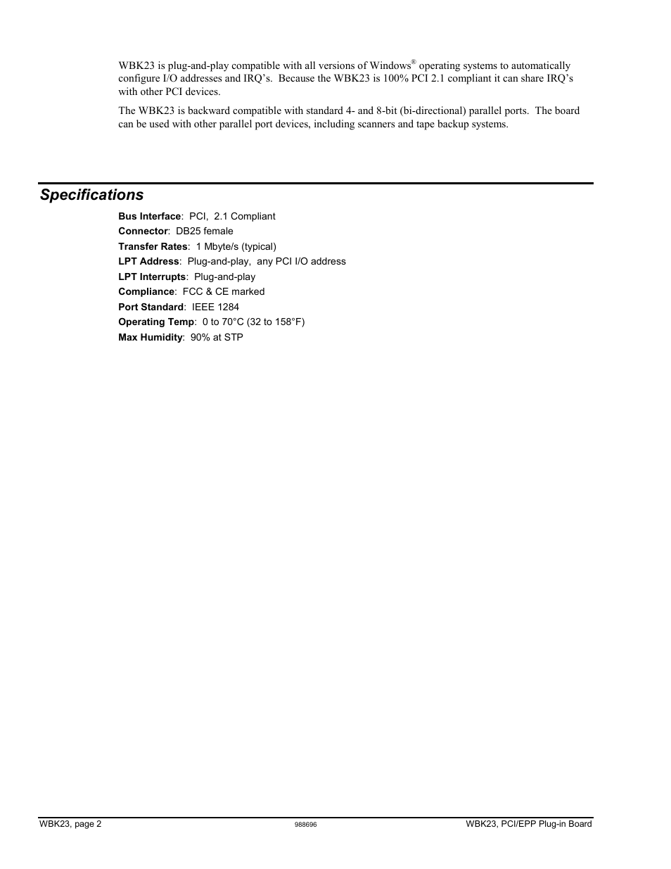 Specifications | Measurement Computing WBK23 User Manual | Page 2 / 2