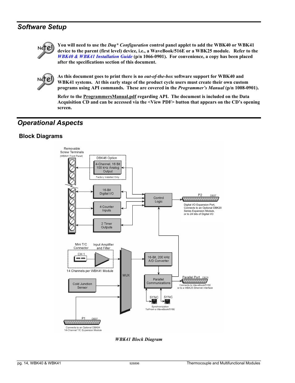 Software setup, Operational aspects, Are setup …… 14 | Block diagrams …… 14, Block diagrams | Measurement Computing WBK40 User Manual | Page 14 / 34
