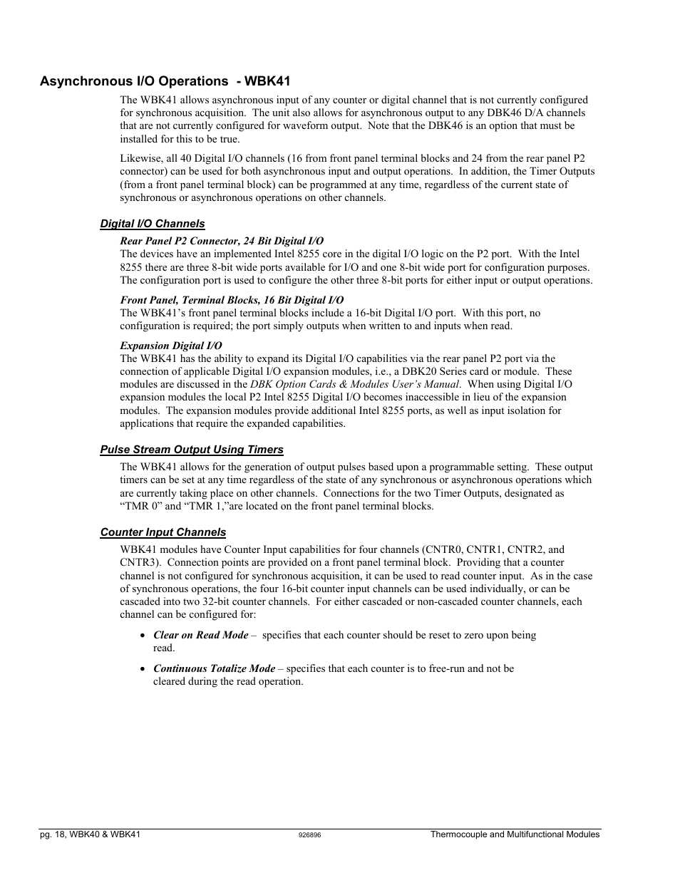 Chronous i/o operations …… 18, Asynchronous i/o operations - wbk41 | Measurement Computing WBK40 User Manual | Page 18 / 34