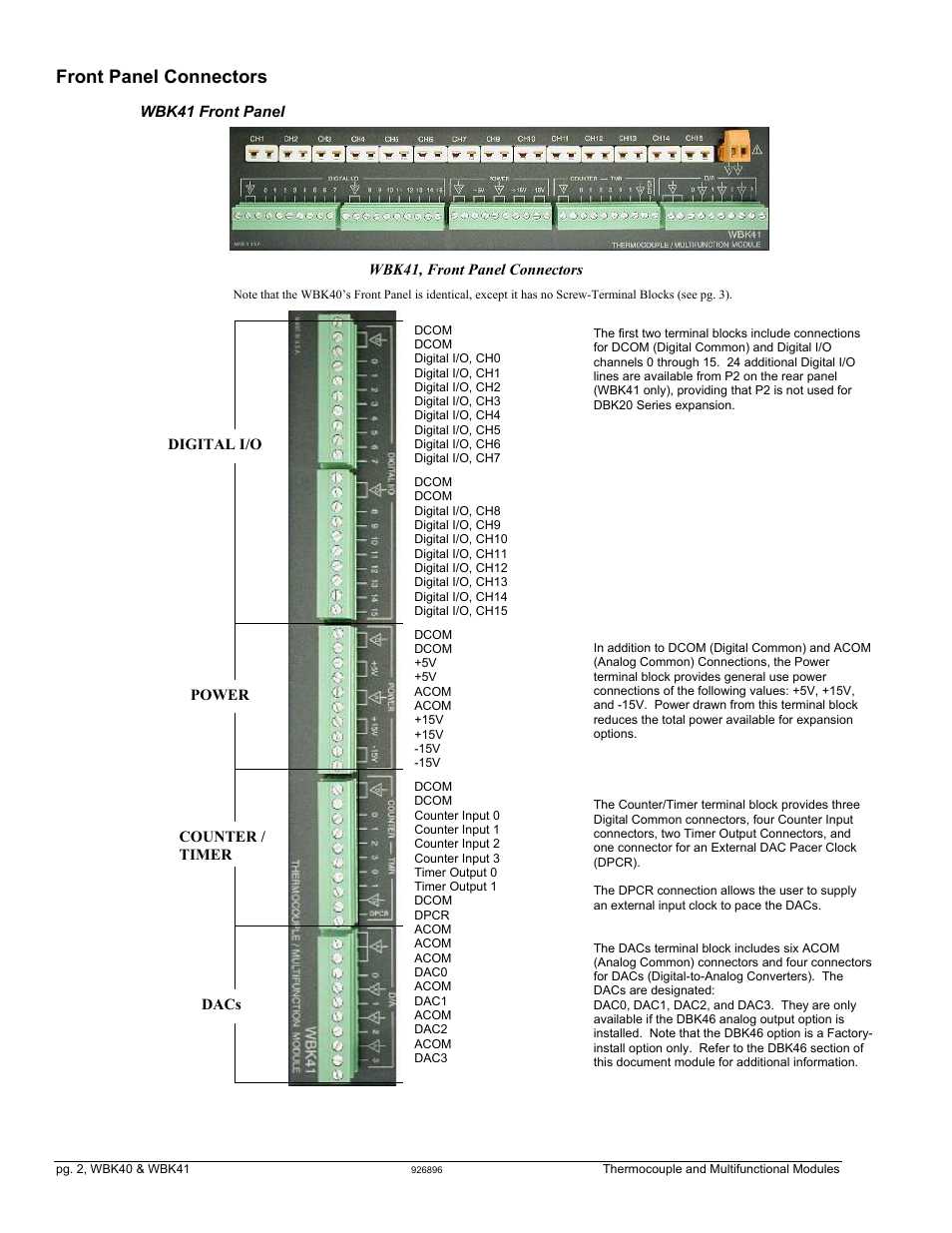 Ont panel connectors …… 2, Front panel connectors | Measurement Computing WBK40 User Manual | Page 2 / 34