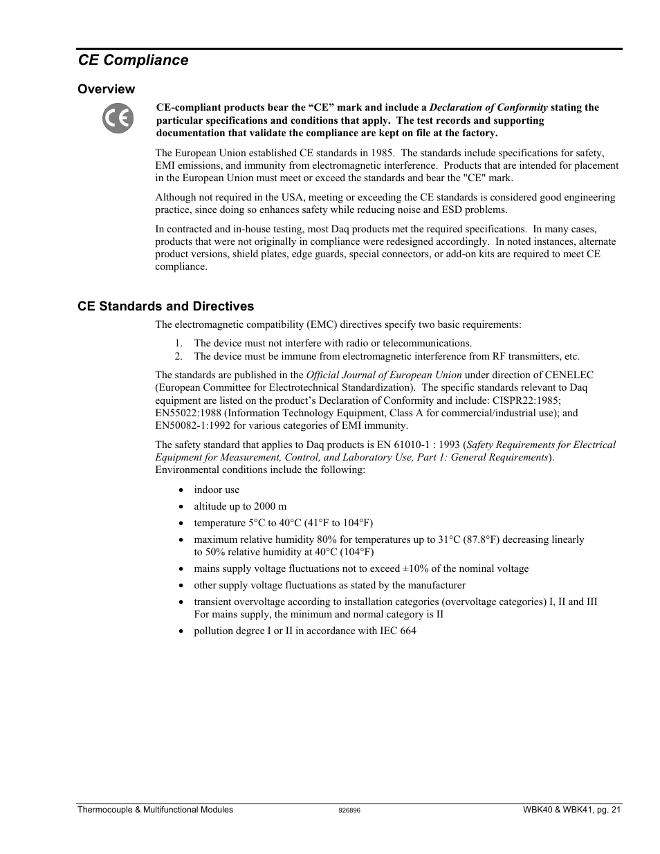 Ce compliance, Ce compliance …… 21 | Measurement Computing WBK40 User Manual | Page 21 / 34