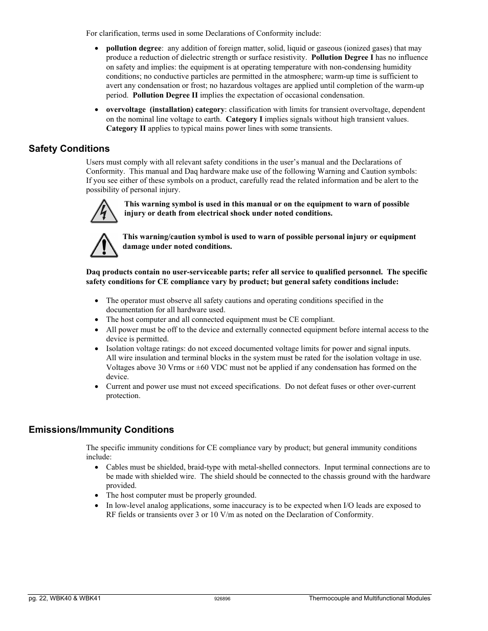 Safety conditions, Emissions/immunity conditions | Measurement Computing WBK40 User Manual | Page 22 / 34