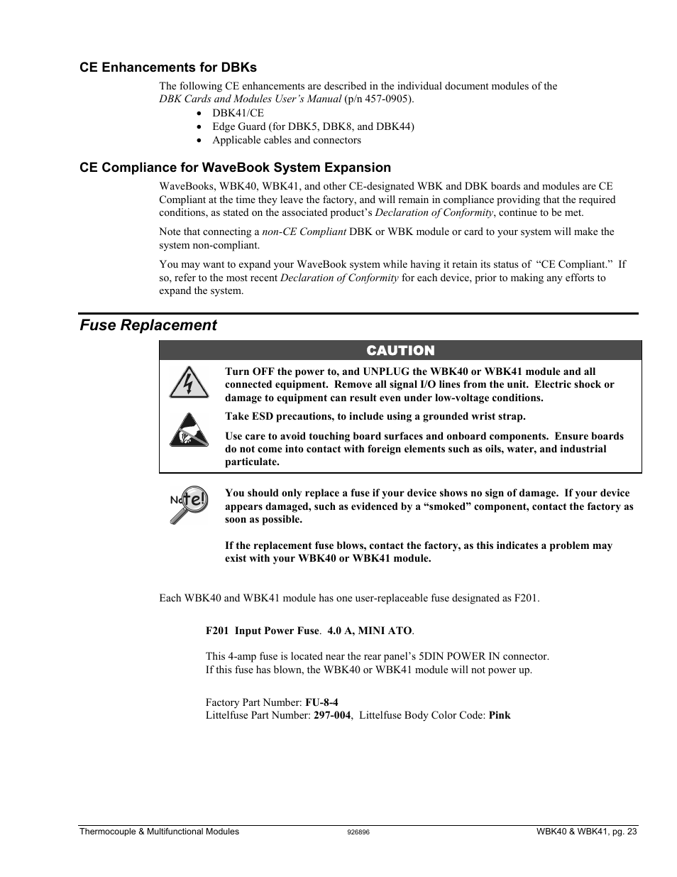 Fuse replacement, Fuse replacement …… 23, Ce enhancements for dbks | Ce compliance for wavebook system expansion, Caution | Measurement Computing WBK40 User Manual | Page 23 / 34