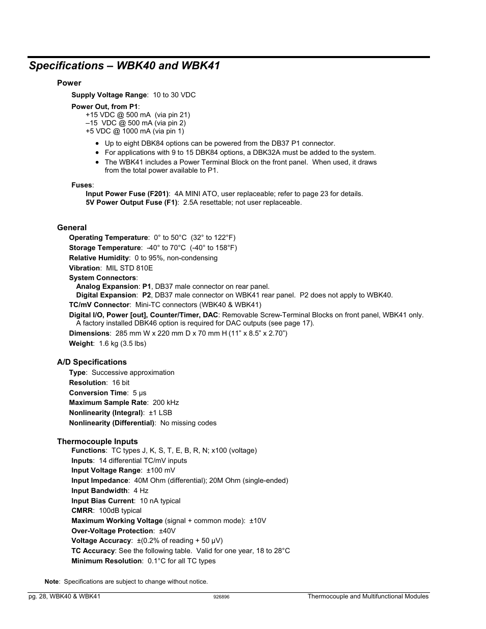 Specifications – wbk40 and wbk41, Specifications …… 28 | Measurement Computing WBK40 User Manual | Page 28 / 34