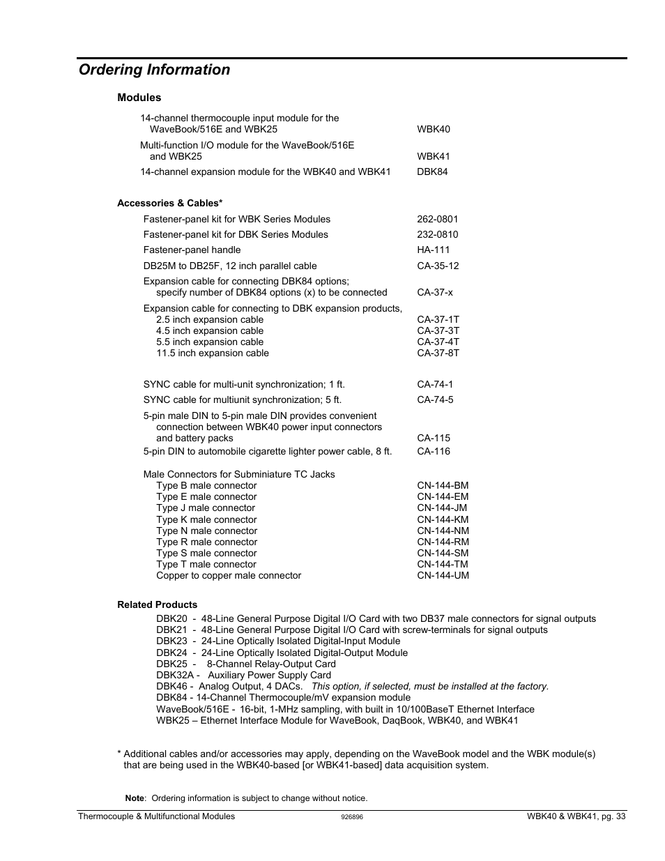 Ordering information, Wbk40 & wbk41 installation guide | Measurement Computing WBK40 User Manual | Page 33 / 34