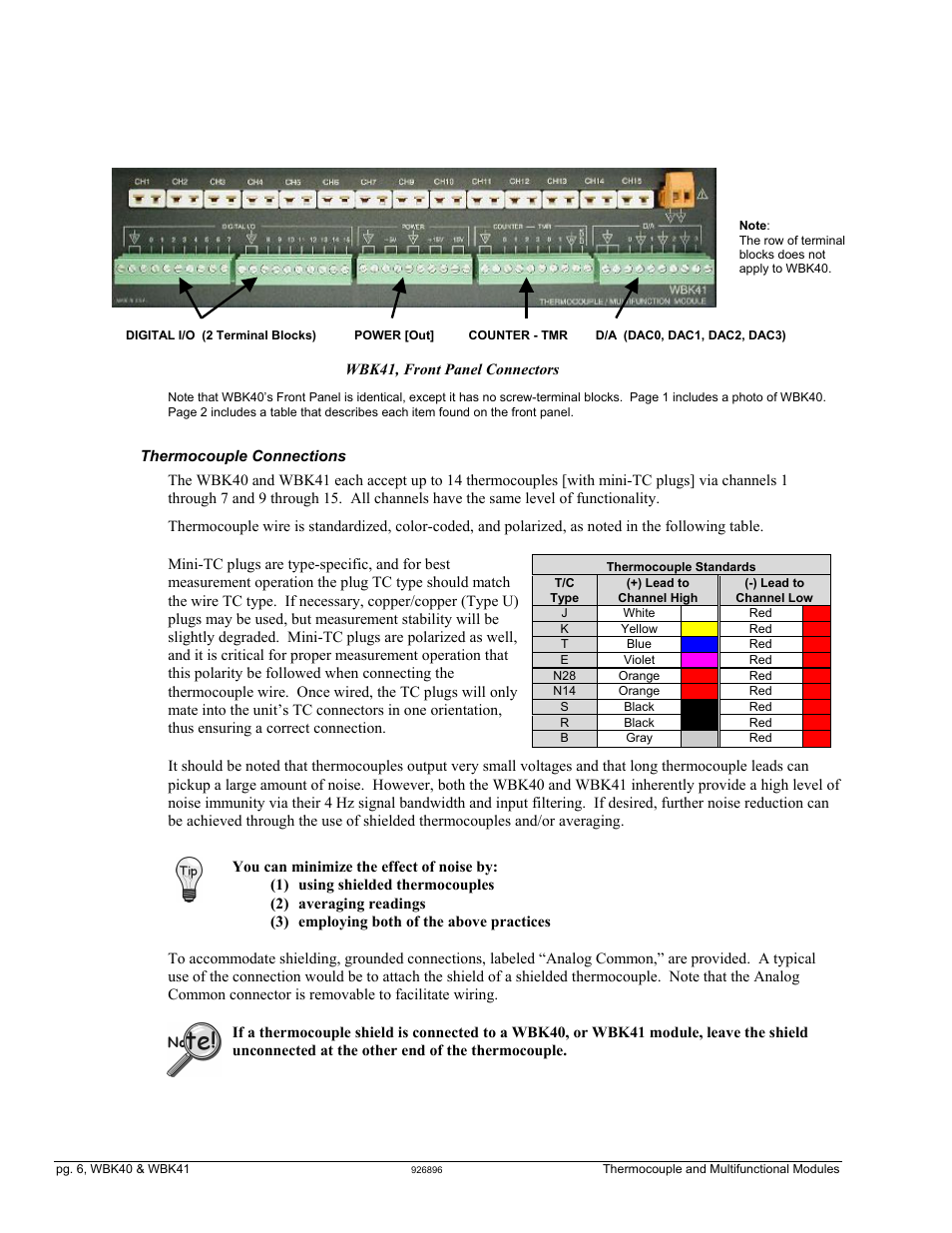 Thermocouple connections | Measurement Computing WBK40 User Manual | Page 6 / 34