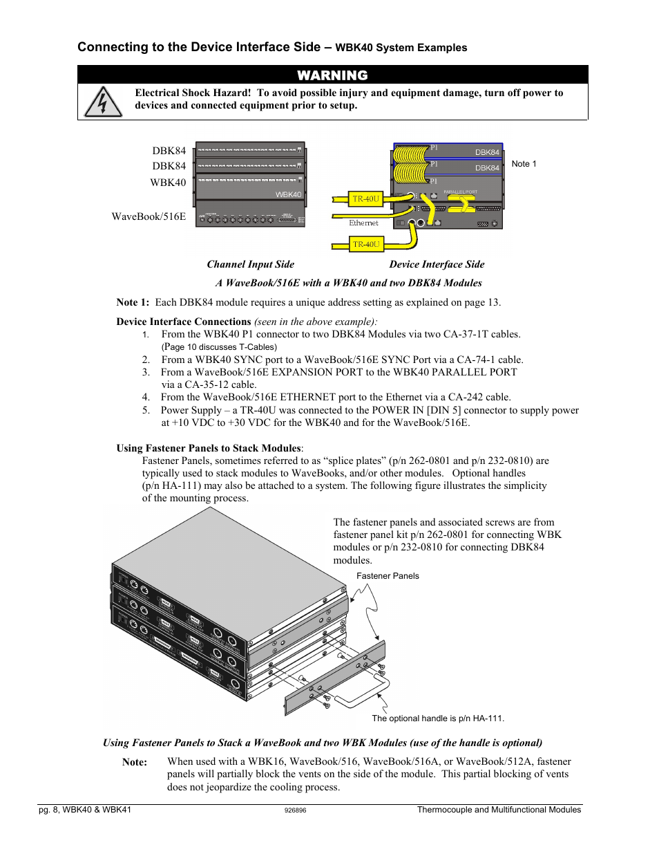 Connecting to the device interface side, Warning | Measurement Computing WBK40 User Manual | Page 8 / 34