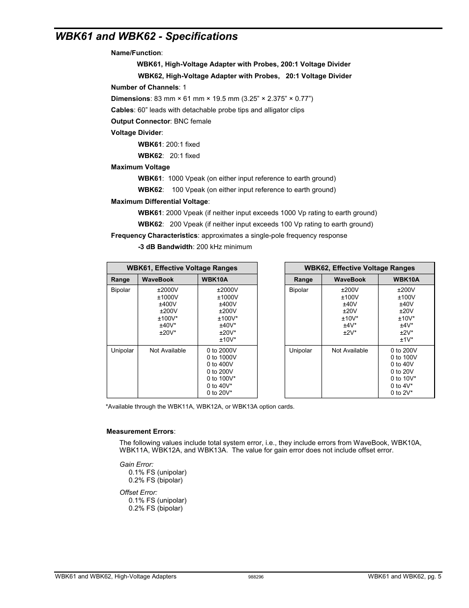 Wbk61 and wbk62 - specifications | Measurement Computing WBK61 User Manual | Page 5 / 6