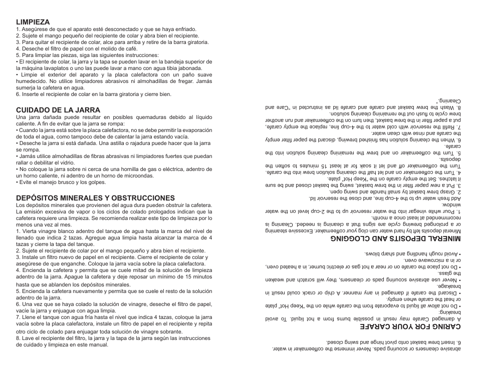 Caring for y our carafe, Minera l depos its and c logg ing, Limpieza | Cuidado de la jarra, Depósitos minerales y obstrucciones | Continental CP43639 User Manual | Page 7 / 7