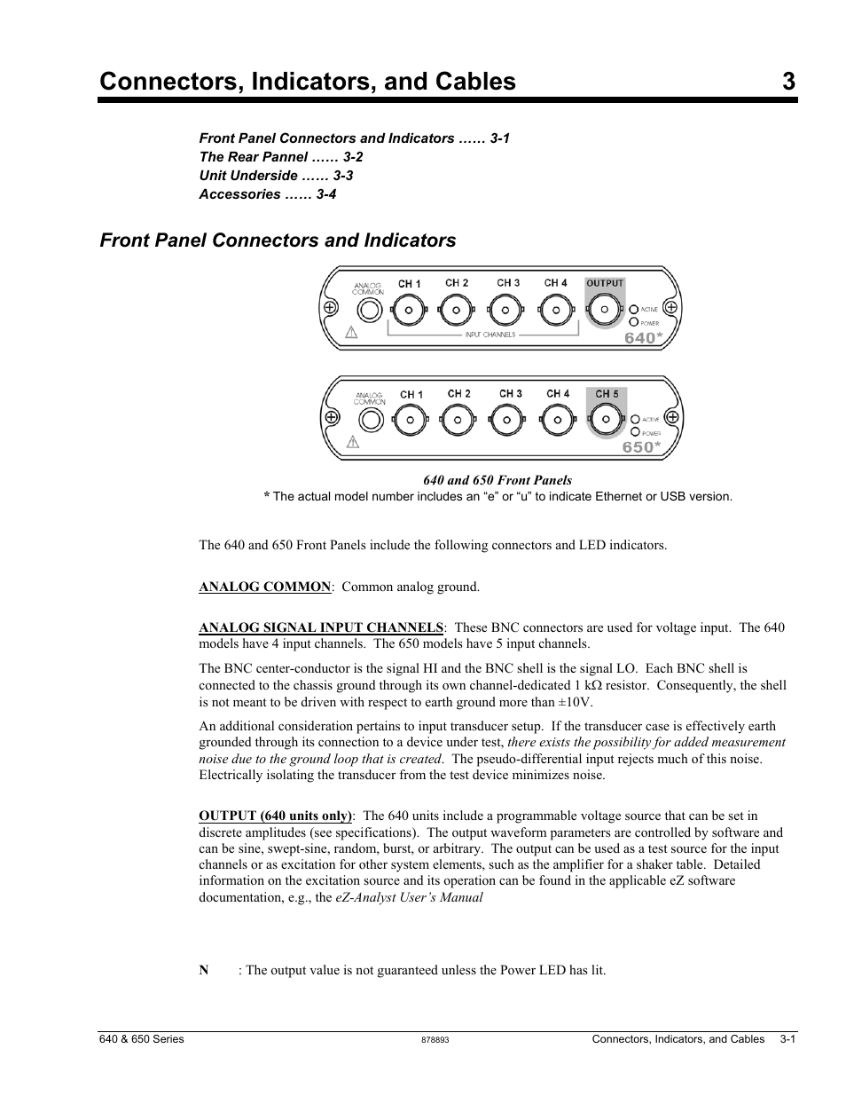 3 - connectors, indicators, & cables, Connectors, indicators, and cables 3, Front panel connectors and indicators | Measurement Computing IOtech 640 Series User Manual | Page 19 / 100