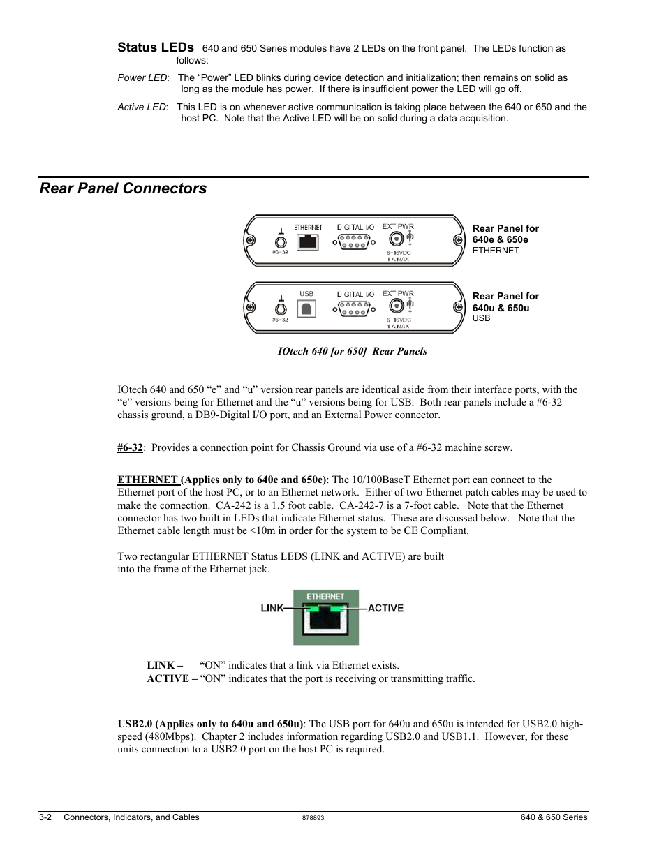 Rear panel connectors, Status leds | Measurement Computing IOtech 640 Series User Manual | Page 20 / 100