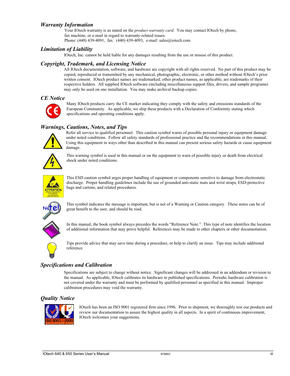 Warnings, cautions, notes, Warranty information, Limitation of liability | Copyright, trademark, and licensing notice, Ce notice, Specifications and calibration, Quality notice | Measurement Computing IOtech 640 Series User Manual | Page 3 / 100