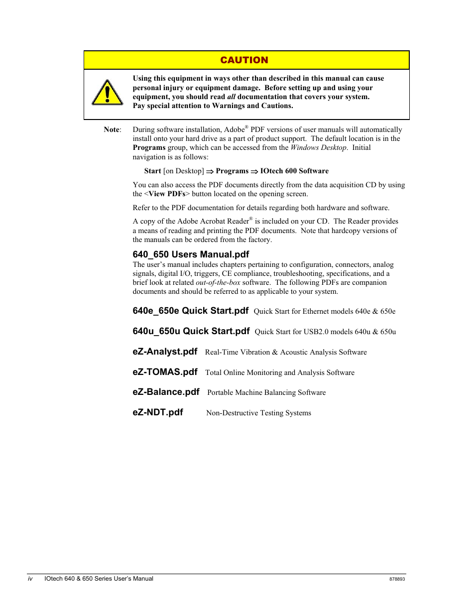 Caution, Ez-analyst.pdf, Ez-tomas.pdf | Ez-balance.pdf, Ez-ndt.pdf | Measurement Computing IOtech 640 Series User Manual | Page 4 / 100