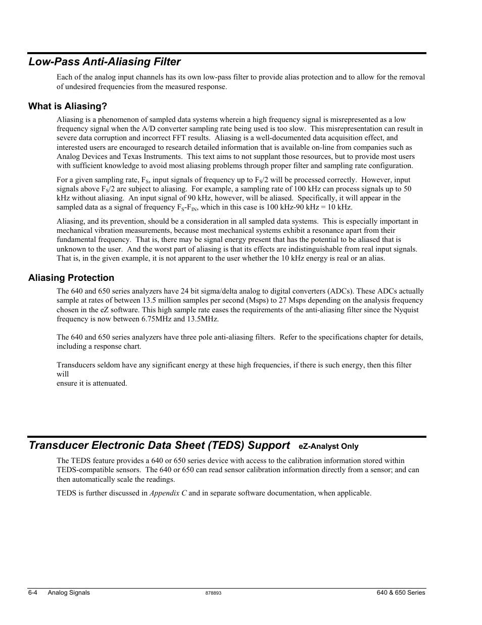 Low-pass anti-aliasing filter …… 6-4, Low-pass anti-aliasing filter, Transducer electronic data sheet (teds) support | Measurement Computing IOtech 640 Series User Manual | Page 46 / 100