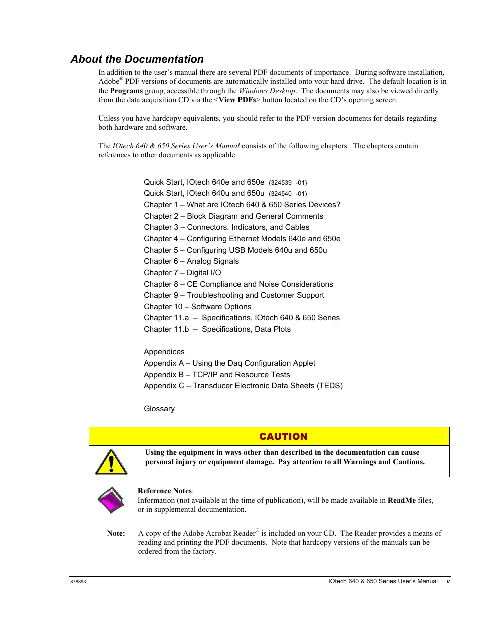 About the documentation, Caution | Measurement Computing IOtech 640 Series User Manual | Page 5 / 100