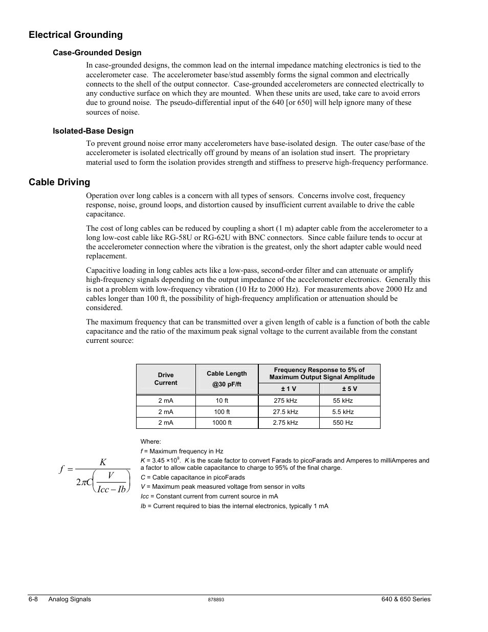 Electrical grounding, Cable driving, Fk c v icc ib = − ⎛ ⎝ ⎜ ⎞ ⎠ ⎟ 2 | Measurement Computing IOtech 640 Series User Manual | Page 50 / 100