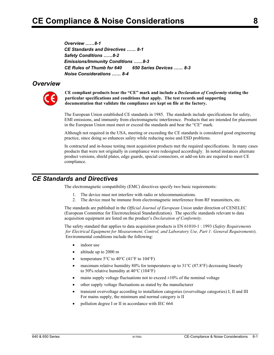 8 - ce compliance / noise, Ce compliance & noise considerations 8, Overview | Ce standards and directives | Measurement Computing IOtech 640 Series User Manual | Page 55 / 100