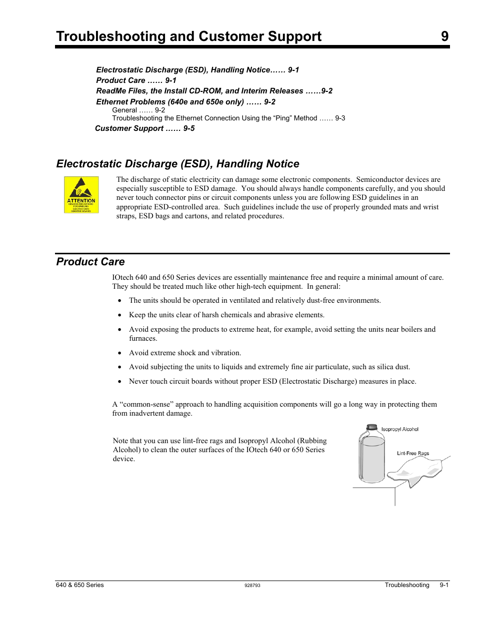 9 - troubleshooting / customer support, Troubleshooting and customer support 9, Electrostatic discharge (esd), handling notice | Product care | Measurement Computing IOtech 640 Series User Manual | Page 59 / 100