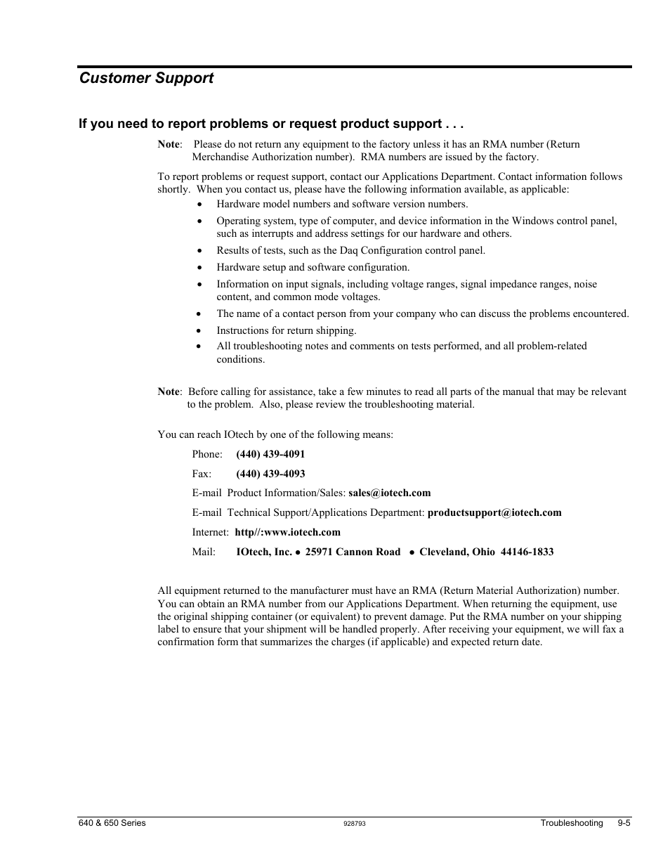 Customer support …… 9-5, Customer support | Measurement Computing IOtech 640 Series User Manual | Page 63 / 100