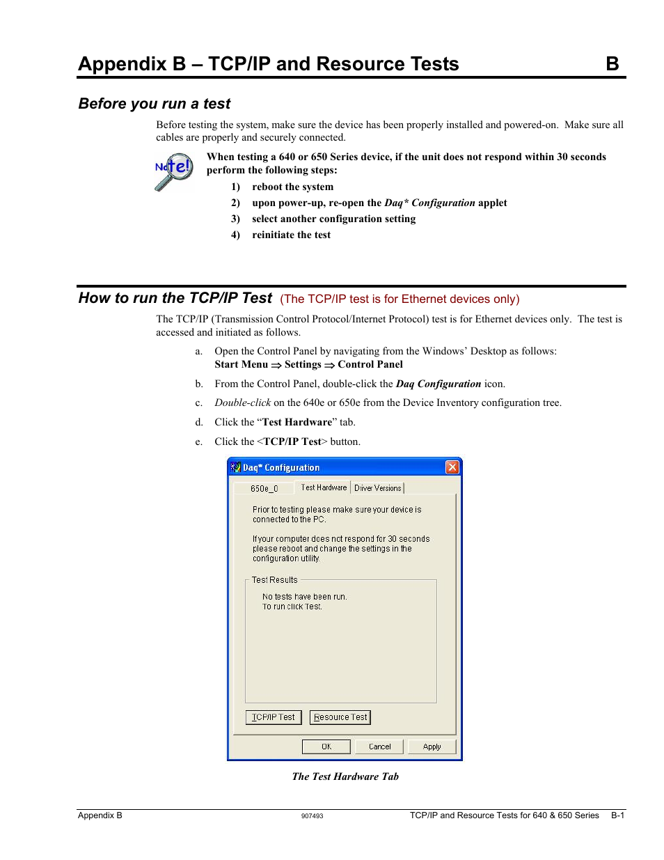 Appendix b - tcp/ip and resource tests, Appendix b – tcp/ip and resource tests b, Before you run a test | How to run the tcp/ip test | Measurement Computing IOtech 640 Series User Manual | Page 91 / 100