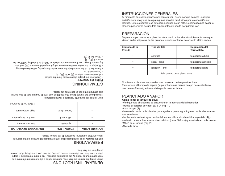 General instructions, Prep ara tions, Steam ironing | Instrucciones generales, Preparación, Planchado a vapor | Continental METALLIC CM43095 User Manual | Page 11 / 16