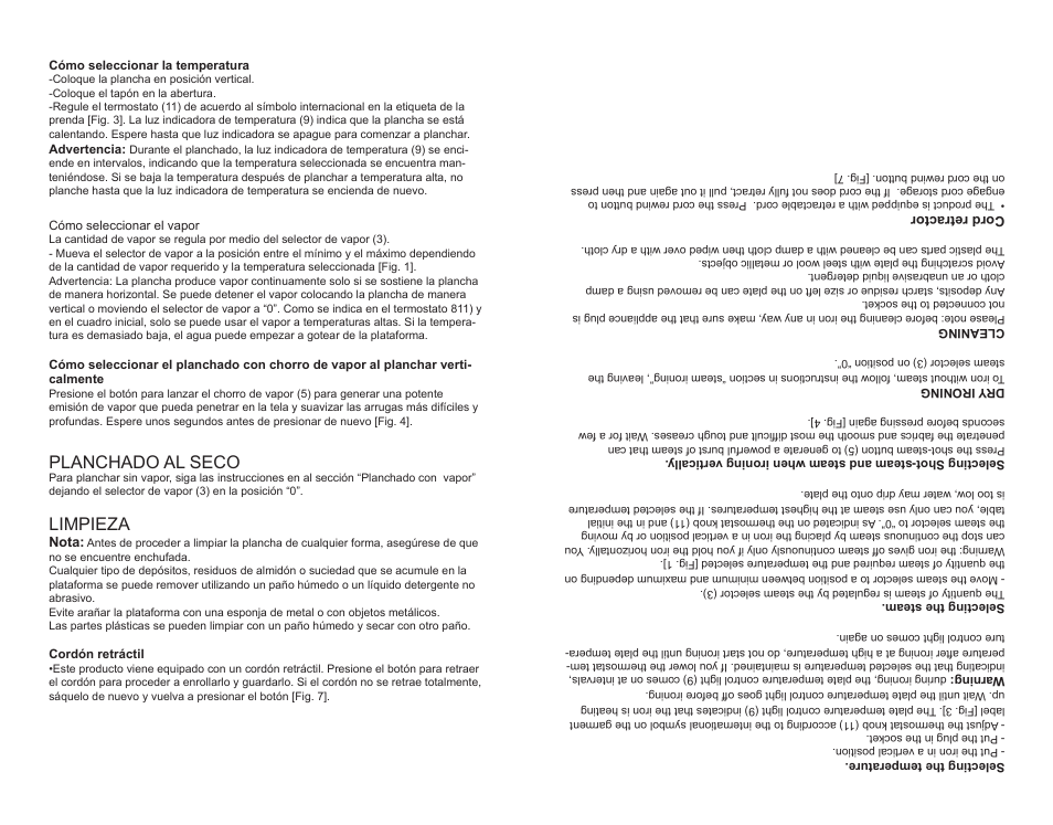 Planchado al seco, Limpieza | Continental METALLIC CM43095 User Manual | Page 12 / 16