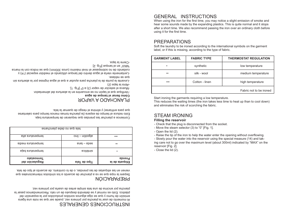 General instructions, Preparations, Steam ironing | Instrucciones generales, Prep aración, Planchado a v apor | Continental METALLIC CM43095 User Manual | Page 5 / 16