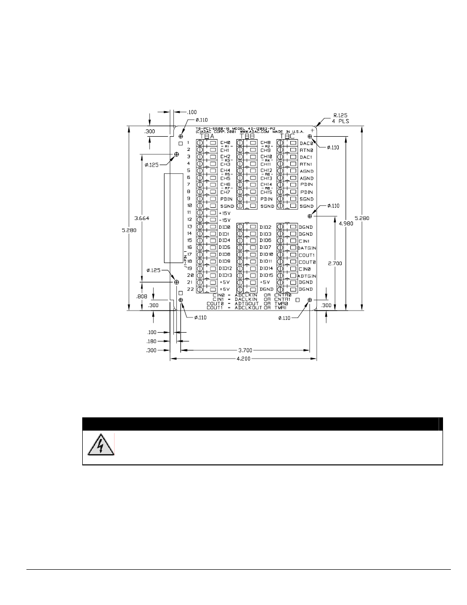 Adac-tb-16 screw-terminal board, Warning | Measurement Computing ADAC/5500 Series Installation User Manual | Page 15 / 16