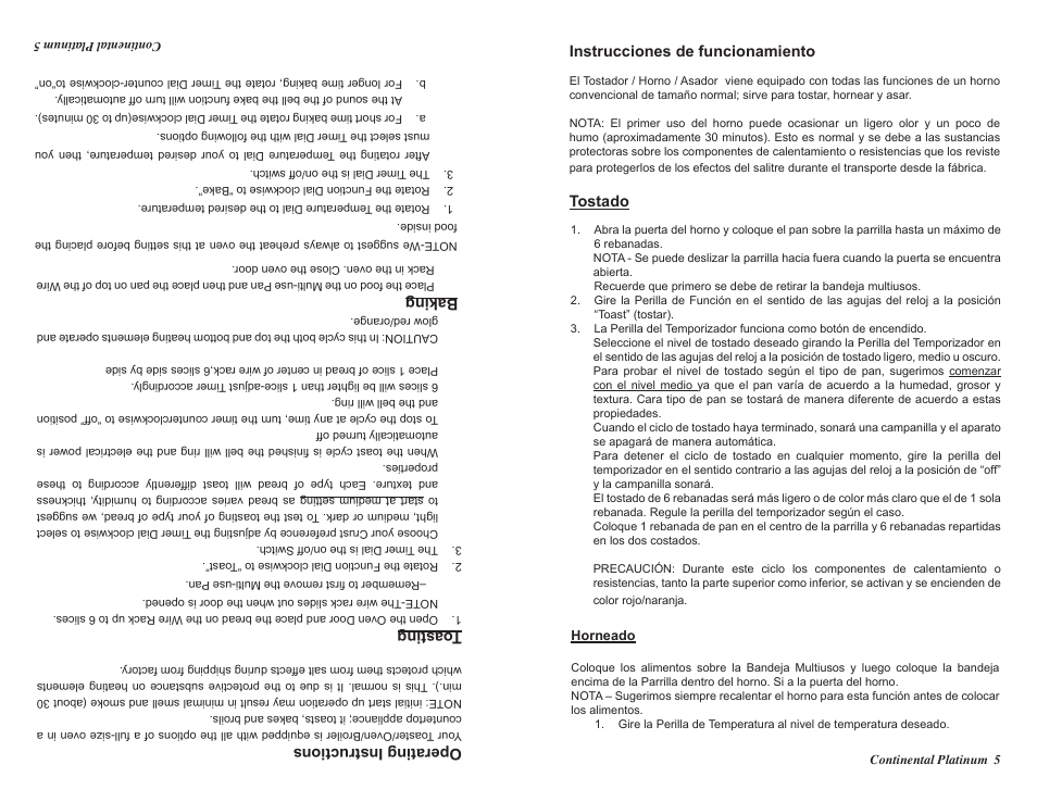 Operating instructions, Toasting, Baking | Instrucciones de funcionamiento, Tostado | Continental CP43579 User Manual | Page 13 / 16