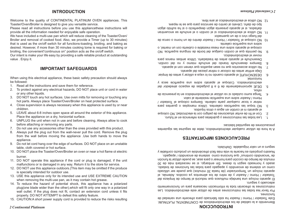 Introduction, Important safeguards, Introduccion | Precauciones importantes | Continental CP43579 User Manual | Page 2 / 16