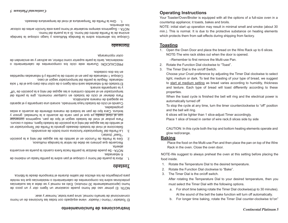 Operating instructions, Toasting, Baking | Instrucciones de funcionamiento, Tostado | Continental CP43579 User Manual | Page 5 / 16