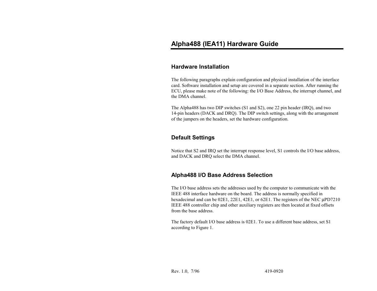 Alpha488 (iea11) hardware guide, Hardware installation, Default settings | Alpha488 i/o base address selection | Measurement Computing Alpha488 User Manual | Page 3 / 6