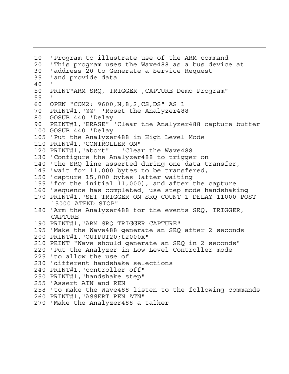 Appendix f - sample basic program, Sample basic program | Measurement Computing Analyzer488 User Manual | Page 267 / 281