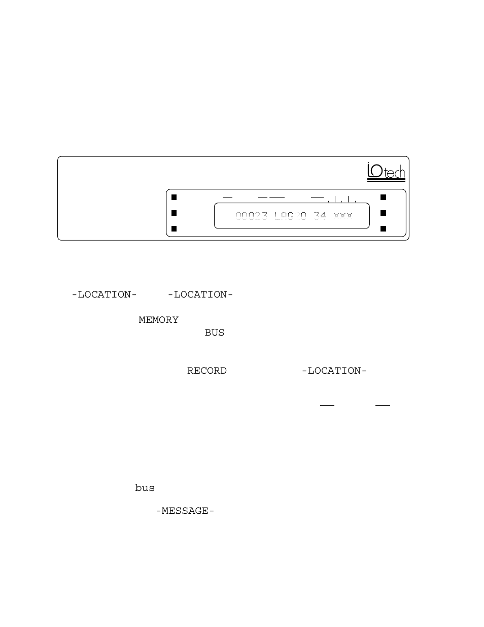5 display panel, 1 alphanumeric display, When in the bus display mode (bus led on). a | Tindicates a trigger point, Indicates relative addressing, Bus indicates bus display mode | Measurement Computing Analyzer488 User Manual | Page 49 / 281