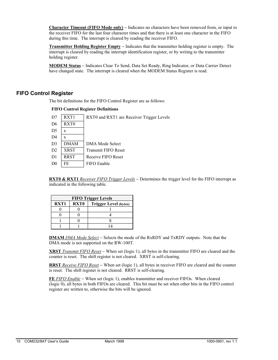 Fifo control register | Measurement Computing COM232/8AT User Manual | Page 10 / 20