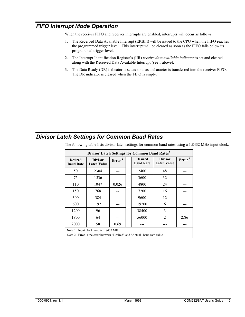 Fifo interrupt mode operation, Divisor latch settings for common baud rates | Measurement Computing COM232/8AT User Manual | Page 15 / 20