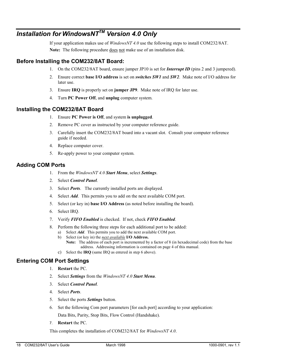 Installation for windowsnt version 4.0 only, Before installing the com232/8at board, Installing the com232/8at board | Adding com ports, Entering com port settings, Installation for, Windowsnt, Version 4.0 only | Measurement Computing COM232/8AT User Manual | Page 18 / 20