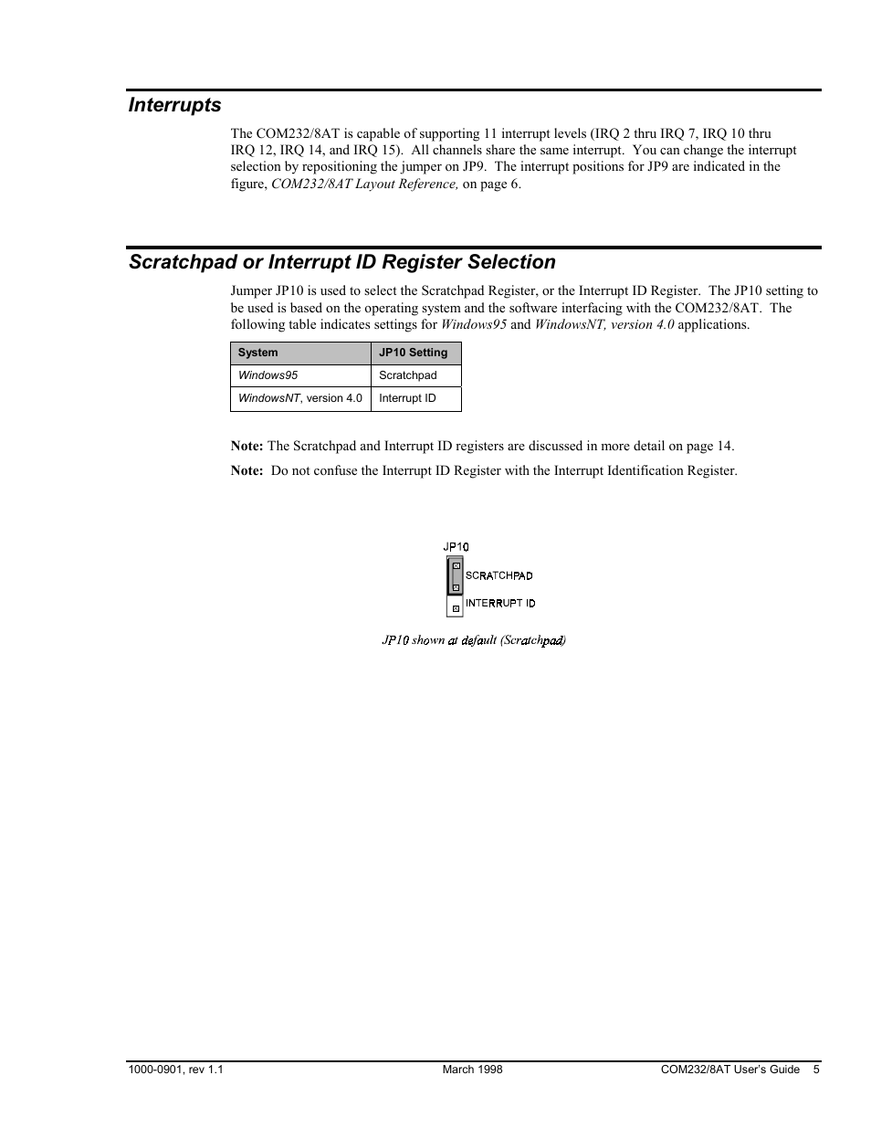 Interrupts, Scratchpad or interrupt id register selection | Measurement Computing COM232/8AT User Manual | Page 5 / 20