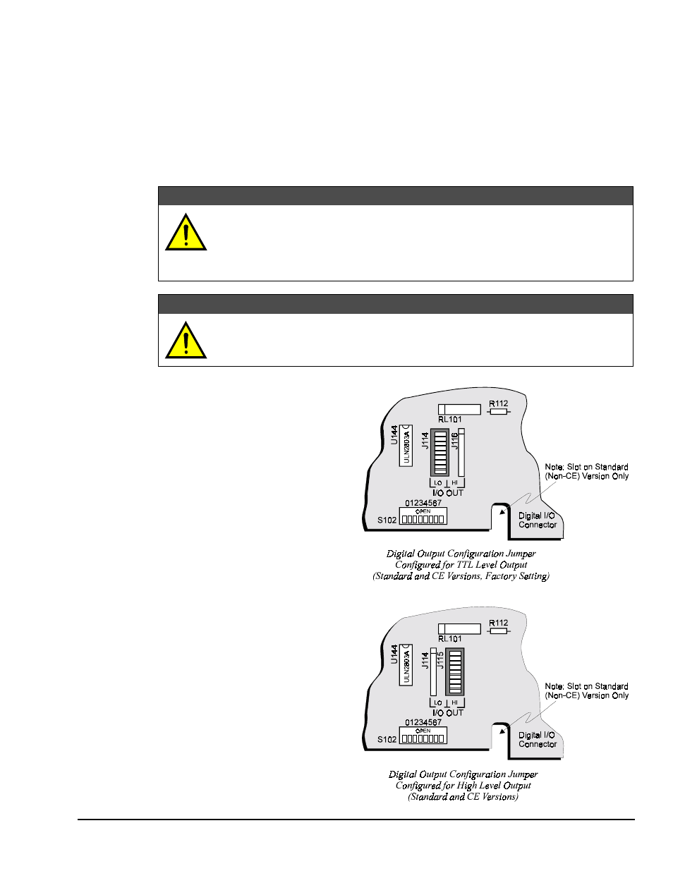 External trigger/srq input, To configure the digital output lines, Warning | Measurement Computing DAC488 v.1 User Manual | Page 17 / 114